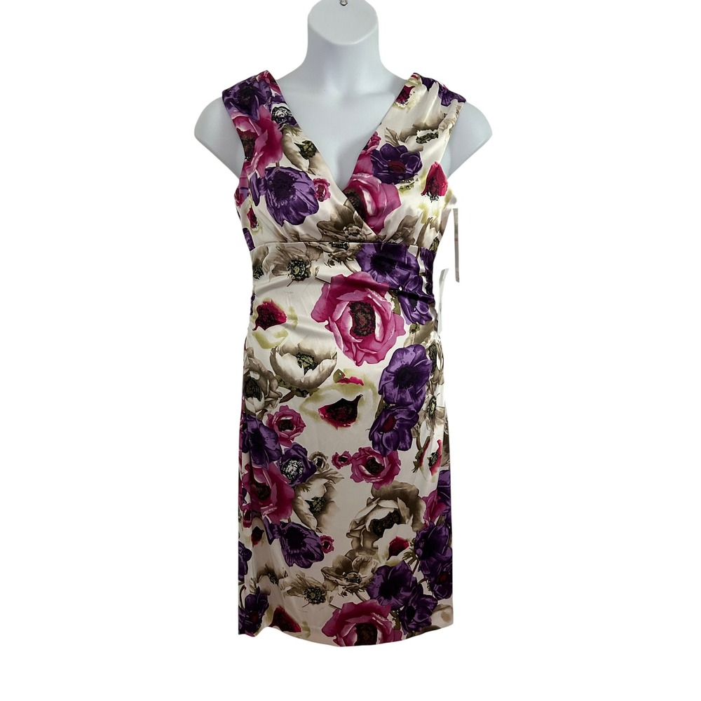 Maggy London Womens Floral V-Neck Lined Straight Satin Sheath Dress 10 New